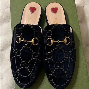 Gucci Navy Velvet Mules with Gold Detailing
